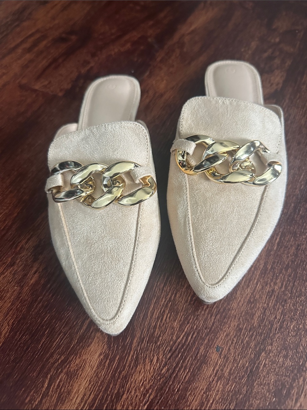Beige Suede Pointed-Toe Chain Mules - Women